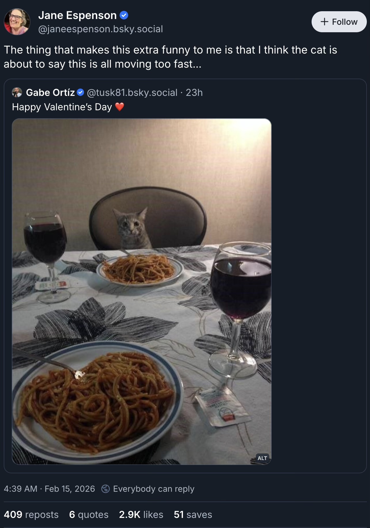 Screenshot of a Bluesky repost by Jane Espenson, in reply to a photo of a cat sitting across from the dinner table eating pasta and drinking wine on Valentine’s Day: “The thing that makes this extra funny to me is that I think the cat is about to say this is all moving too fast…”